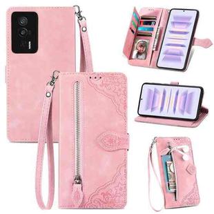 For Xiaomi Redmi K60 Pro Embossed Flower Zipper Leather Phone Case(Pink)