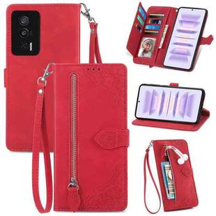 For Xiaomi Redmi K60 Pro Embossed Flower Zipper Leather Phone Case(Red)