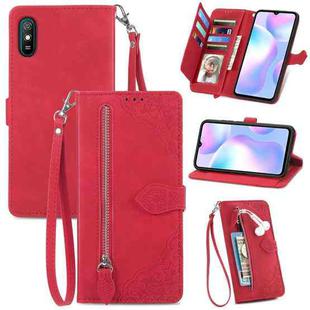 For Xiaomi Redmi 9A Embossed Flower Zipper Leather Phone Case(Red)