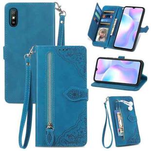 For Xiaomi Redmi 9A Embossed Flower Zipper Leather Phone Case(Blue)