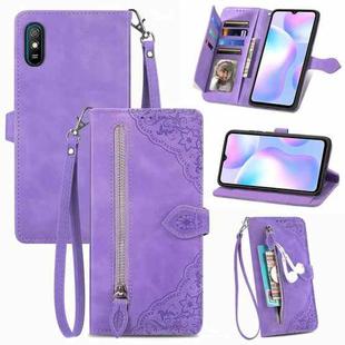 For Xiaomi Redmi 9A Embossed Flower Zipper Leather Phone Case(Purple)