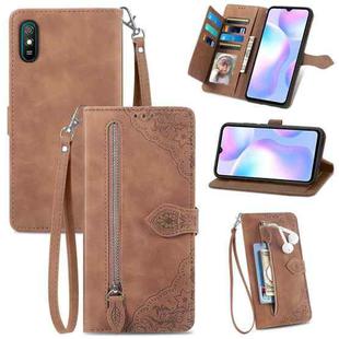 For Xiaomi Redmi 9A Embossed Flower Zipper Leather Phone Case(Brown)