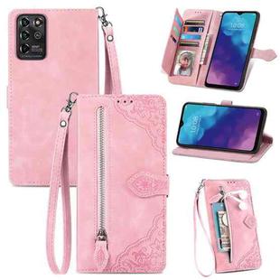 For ZTE Blade V30 Vita Embossed Flower Zipper Leather Phone Case(Pink)