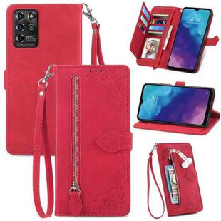 For ZTE Blade V30 Vita Embossed Flower Zipper Leather Phone Case(Red)