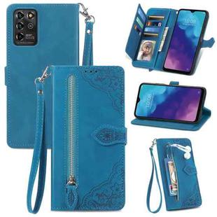 For ZTE Blade V30 Vita Embossed Flower Zipper Leather Phone Case(Blue)