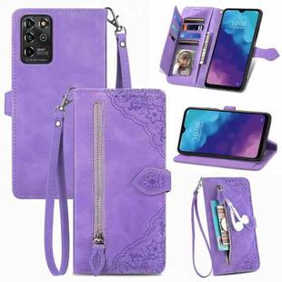 For ZTE Blade V30 Vita Embossed Flower Zipper Leather Phone Case(Purple)