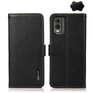 For Nokia C32 KHAZNEH Side-Magnetic Litchi Genuine Leather RFID Phone Case(Black)