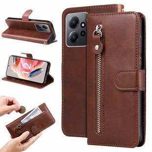 For Xiaomi Redmi Note 12 4G Global Calf Texture Zipper Leather Phone Case(Brown)