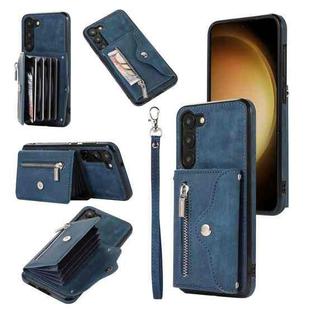 For Samsung Galaxy S23 5G Zipper RFID Card Slots Phone Case with Short Lanyard(Blue)