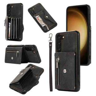 For Samsung Galaxy S23 Ultra 5G Zipper RFID Card Slots Phone Case with Short Lanyard(Black)