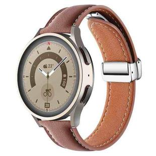 20mm Folding Buckle Plain Weave Genuine Leather Watch Band(Brown+Silver)