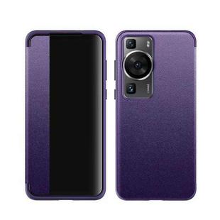 For Huawei P60 Pro Magnetic Side Window View Leather Smart Phone Case(Purple)