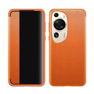 For Huawei P60 Art Magnetic Side Window View Leather Smart Phone Case(Orange)