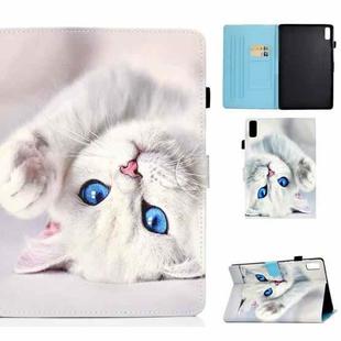 For Lenovo Tab M9 Sewing Thread Horizontal Painted Tablet Leather Case with Pen Cover(White Cat)