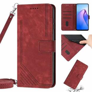 For OPPO Reno6 5G Skin Feel Stripe Pattern Leather Phone Case with Lanyard(Red)