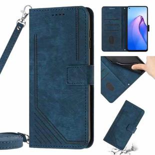 Skin Feel Stripe Pattern Leather Phone Case with Lanyard for OPPO A94 4G / F19 Pro / F19 Pro+ / A94 5G / A95 5G / Reno5 Z / Reno6 Z 5G / Reno5 F / Reno5 Lite(Blue)