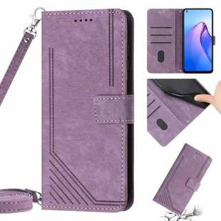 Skin Feel Stripe Pattern Leather Phone Case with Lanyard for OPPO A94 4G / F19 Pro / F19 Pro+ / A94 5G / A95 5G / Reno5 Z / Reno6 Z 5G / Reno5 F / Reno5 Lite(Purple)