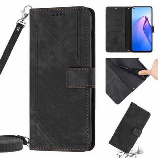 For OPPO A15 / A15s / A35 Skin Feel Stripe Pattern Leather Phone Case with Lanyard(Black)