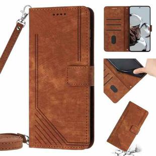 For Xiaomi 12 Lite Skin Feel Stripe Pattern Leather Phone Case with Lanyard(Brown)