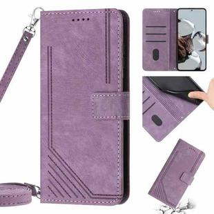 Skin Feel Stripe Pattern Leather Phone Case with Lanyard for Xiaomi Poco M3 / Redmi Note 9 4G / Redmi 9 Power / Redmi 9T(Purple)