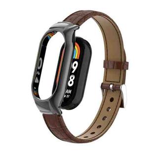 For Xiaomi Mi Band 8 Integrated Metal Case + Cocodile Texture Leather Watch Band(Brown)