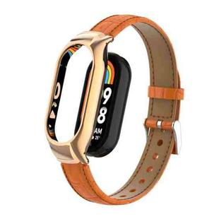 For Xiaomi Mi Band 8 Integrated Metal Case + Cocodile Texture Leather Watch Band(Orange)