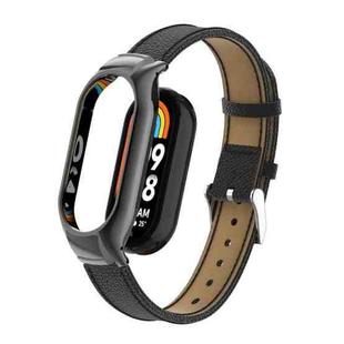 For Xiaomi Mi Band 8 Integrated Metal Case + Litchi Texture Leather Watch Band(Black)
