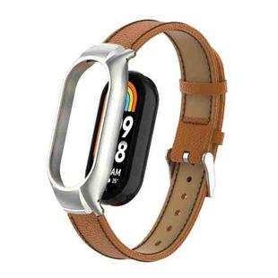 For Xiaomi Mi Band 8 Integrated Metal Case + Litchi Texture Leather Watch Band(Brown)