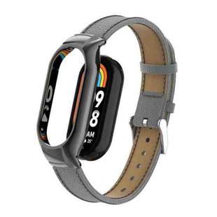 For Xiaomi Mi Band 8 Integrated Metal Case + Litchi Texture Leather Watch Band(Grey)