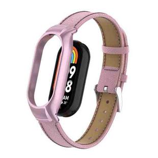 For Xiaomi Mi Band 8 Integrated Metal Case + Litchi Texture Leather Watch Band(Pink)