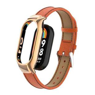 For Xiaomi Mi Band 8 Integrated Metal Case + Litchi Texture Leather Watch Band(Orange)