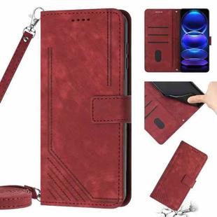 Skin Feel Stripe Pattern Leather Phone Case with Lanyard for Xiaomi Redmi Note 11E / Redmi 10 5G 2022 / Redmi 10 Prime+ 5G India / Poco M4 5G(Red)