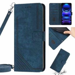 Skin Feel Stripe Pattern Leather Phone Case with Lanyard for Xiaomi Redmi Note 11E / Redmi 10 5G 2022 / Redmi 10 Prime+ 5G India / Poco M4 5G(Blue)