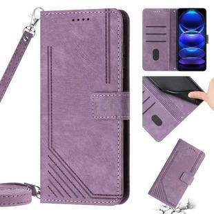 Skin Feel Stripe Pattern Leather Phone Case with Lanyard for Xiaomi Redmi Note 11E / Redmi 10 5G 2022 / Redmi 10 Prime+ 5G India / Poco M4 5G(Purple)