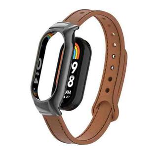 For Xiaomi Mi Band 8 Integrated Metal Case + Double Nail Microfiber Leather Watch Band(Brown)
