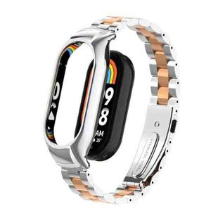 For Xiaomi Mi Band 8 Integrated Metal Case + Three-bead Watch Band(Silver+Rose Gold)
