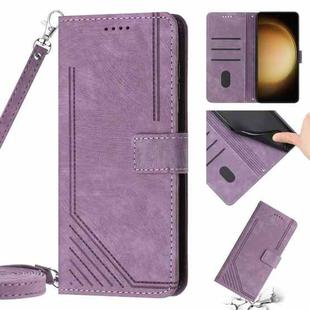 For Samsung Galaxy S23 5G Skin Feel Stripe Pattern Leather Phone Case with Lanyard(Purple)