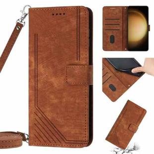 For Samsung Galaxy S23+ 5G Skin Feel Stripe Pattern Leather Phone Case with Lanyard(Brown)