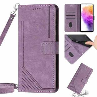 For Samsung Galaxy A02s US 166mm Skin Feel Stripe Pattern Leather Phone Case with Lanyard(Purple)