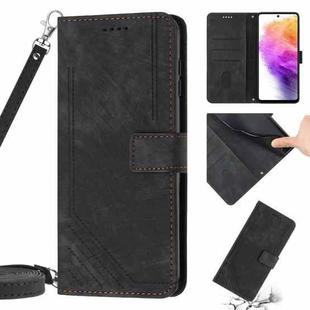 For Samsung Galaxy A11 / M11 Skin Feel Stripe Pattern Leather Phone Case with Lanyard(Black)