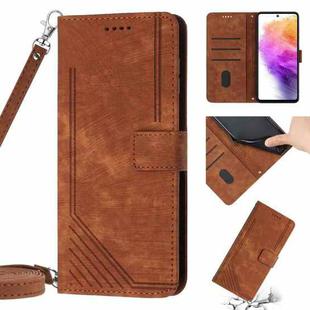 For Samsung Galaxy A21s Skin Feel Stripe Pattern Leather Phone Case with Lanyard(Brown)