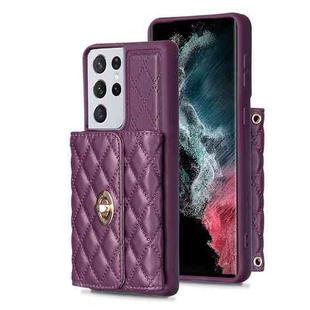 For Samsung Galaxy S21 Ultra 5G Horizontal Metal Buckle Wallet Rhombic Leather Phone Case(Dark Purple)