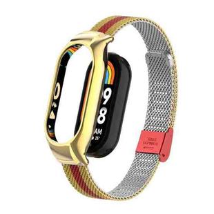 For Xiaomi Mi Band 8 Integrated Metal Case + Steel Mesh Buckle Watch Band(Gold+Red)