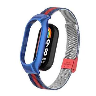 For Xiaomi Mi Band 8 Integrated Metal Case + Steel Mesh Buckle Watch Band(Blue+Red)