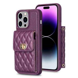 For iPhone 14 Pro Max Vertical Metal Buckle Wallet Rhombic Leather Phone Case(Dark Purple)