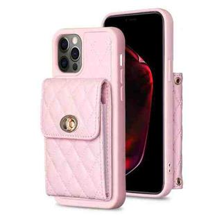 For iPhone 12 / 12 Pro Vertical Metal Buckle Wallet Rhombic Leather Phone Case(Pink)