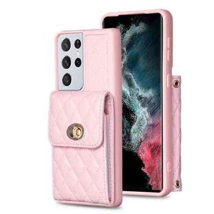 For Samsung Galaxy S21 Ultra 5G Vertical Metal Buckle Wallet Rhombic Leather Phone Case(Pink)