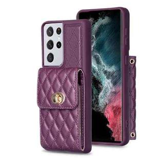 For Samsung Galaxy S21 Ultra 5G Vertical Metal Buckle Wallet Rhombic Leather Phone Case(Dark Purple)