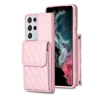 For Samsung Galaxy S21 Ultra 5G Vertical Wallet Rhombic Leather Phone Case(Pink)