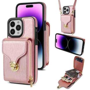 For iPhone 14 Pro Max Zipper Hardware Card Wallet Phone Case(Rose Gold)